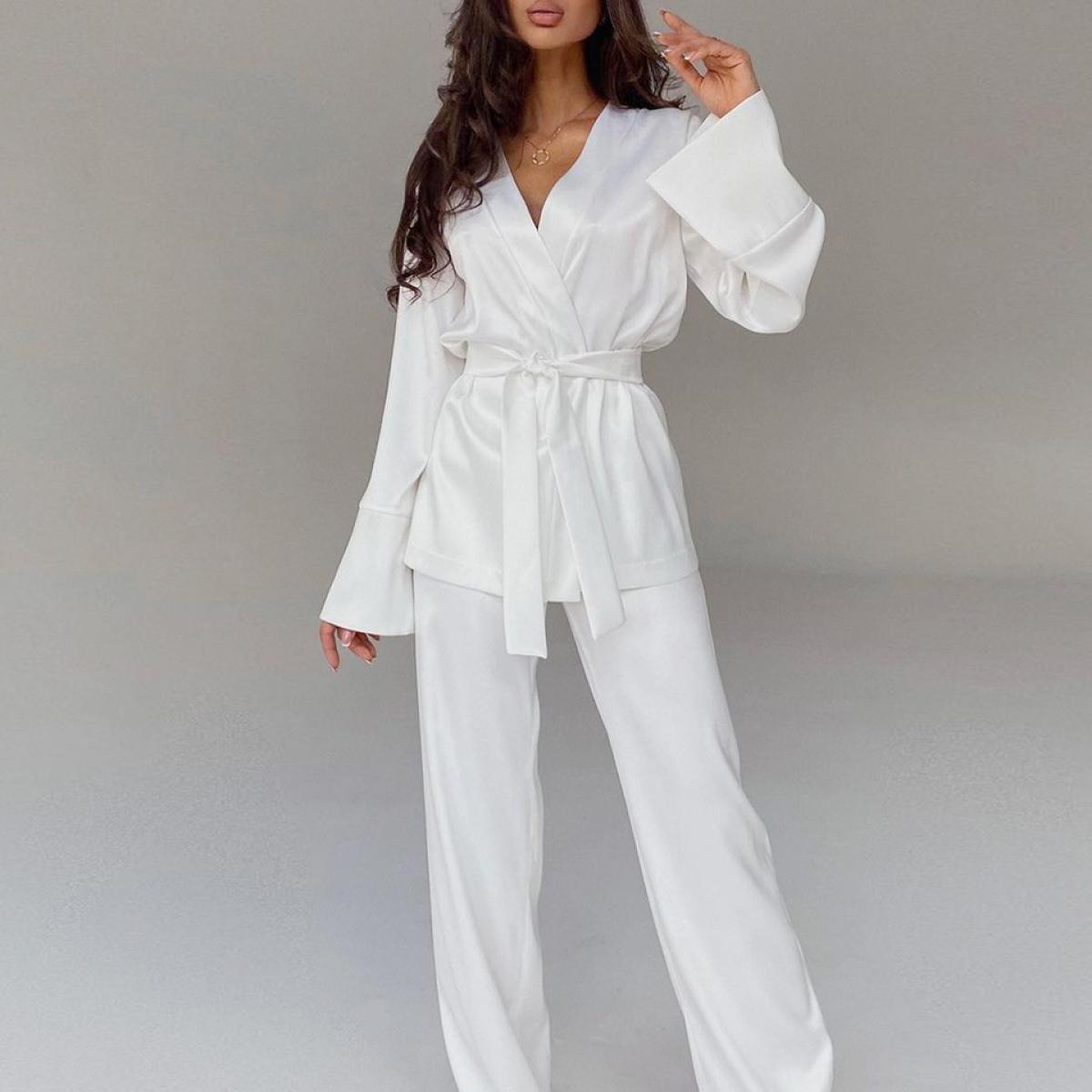 2023 Pigiama di colore solido per le donne Set di abiti a maniche lunghe Abbigliamento per la casa da donna Tailleur pantalone C