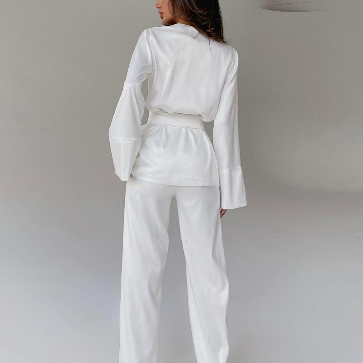 2023 Pigiama di colore solido per le donne Set di abiti a maniche lunghe Abbigliamento per la casa da donna Tailleur pantalone C