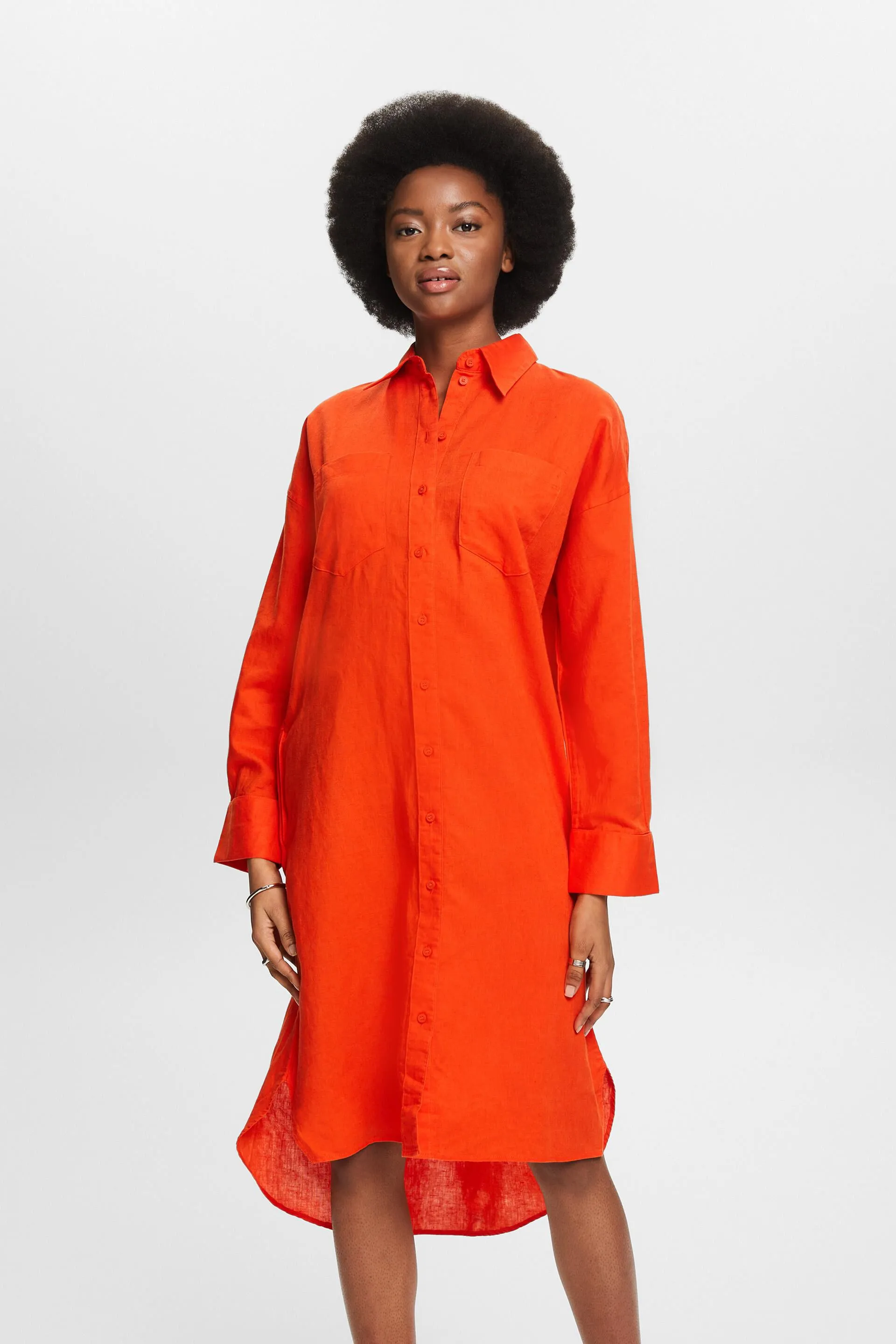 Abito camicia con cintura in misto lino e cotone