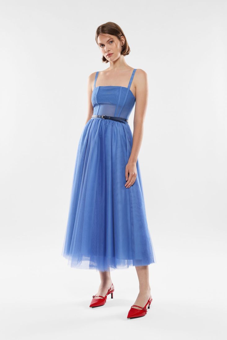 Abito lungo in tulle con top effetto trasparenza