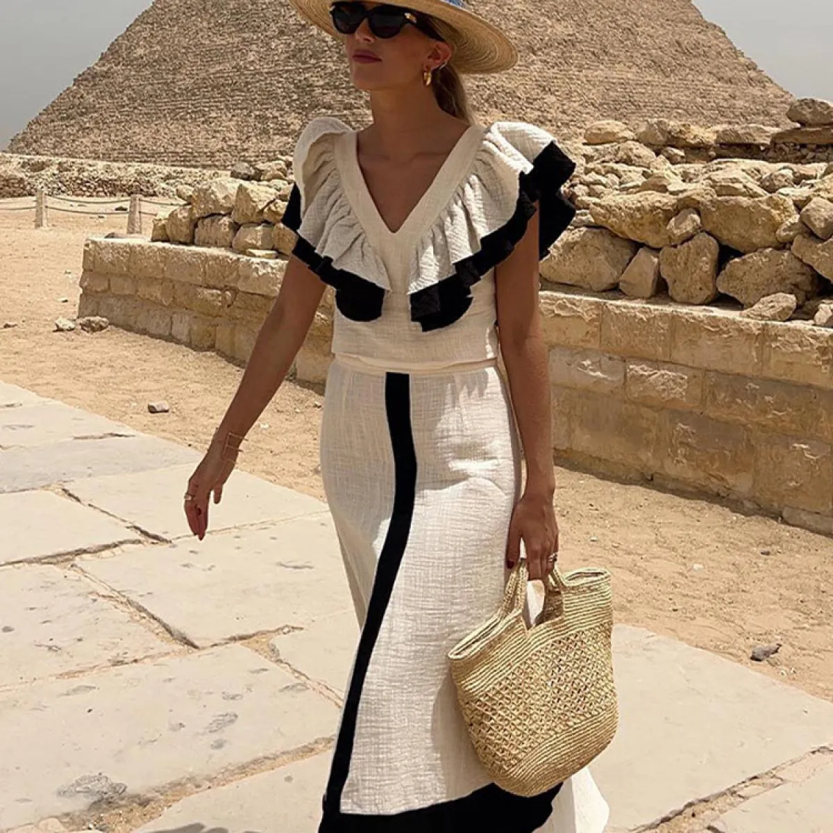 Gonna longuette elegante a contrasto da donna con scollo a V, maniche volanti, gonne corte senza schienale, abito estivo da donn