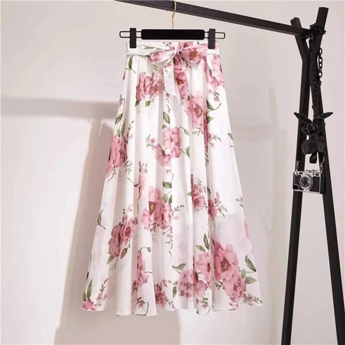 Gonna lunga da donna per il 2023 Primavera Estate Lady Style Bianco Nero Chiffon Sun School Gonna longuette a vita alta Femalesk