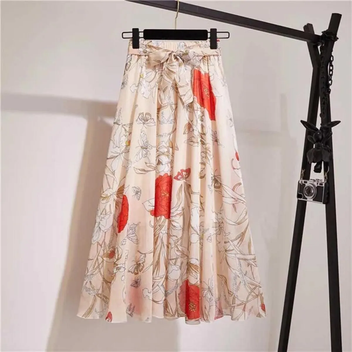 Gonna lunga da donna per il 2023 Primavera Estate Lady Style Bianco Nero Chiffon Sun School Gonna longuette a vita alta Femalesk