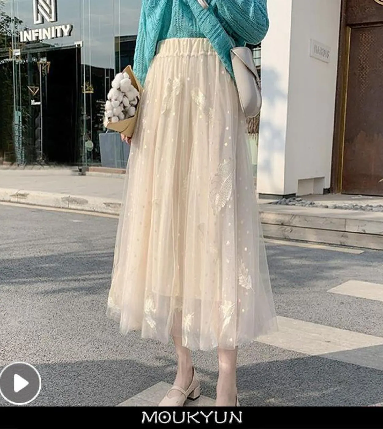 Moukyun Feather Luxury Woman Gonne Moda Elastico in vita Gonna longuette allentata Faldas Ladies Garza Ball Gown Gonne lunghe