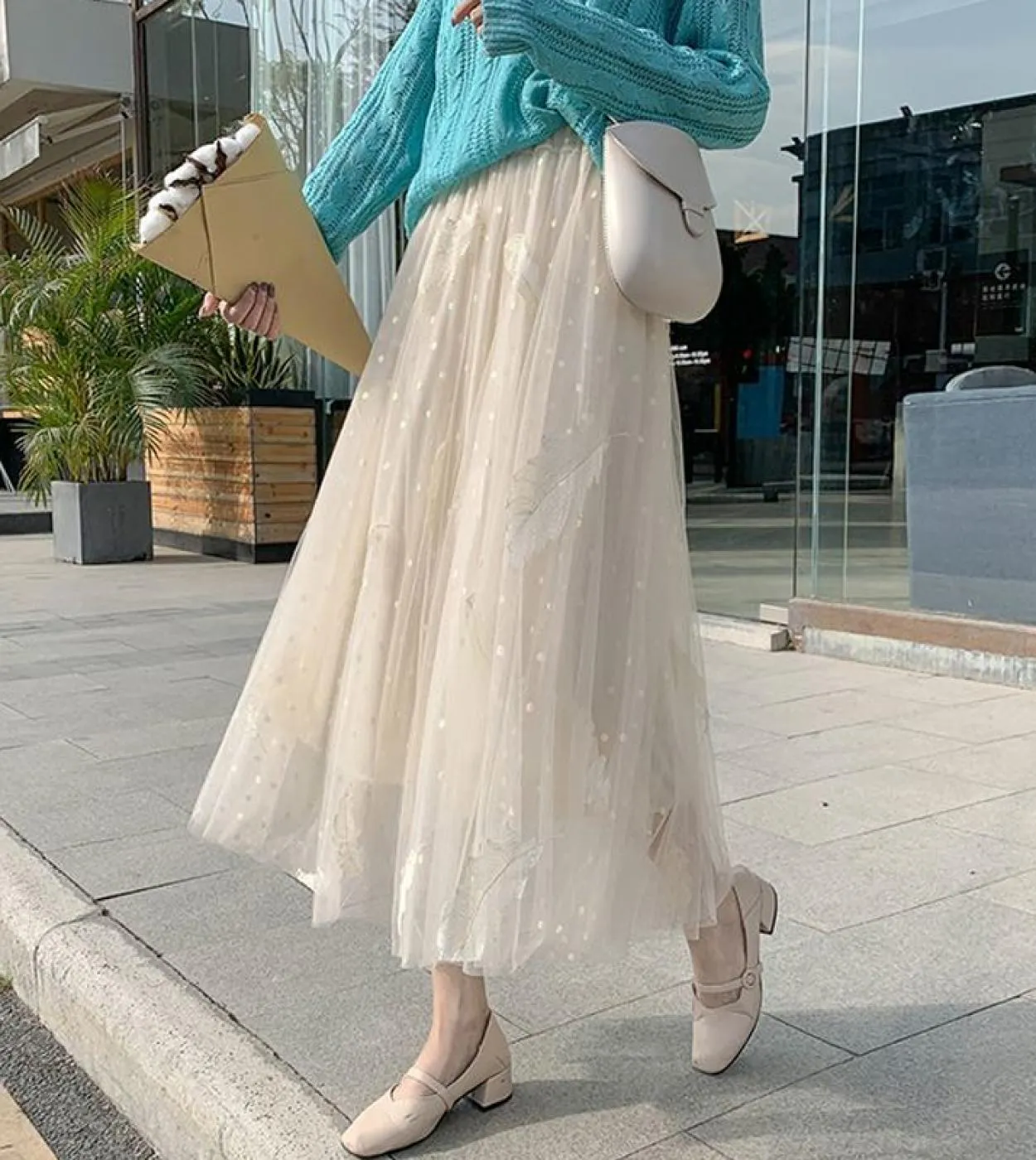 Moukyun Feather Luxury Woman Gonne Moda Elastico in vita Gonna longuette allentata Faldas Ladies Garza Ball Gown Gonne lunghe