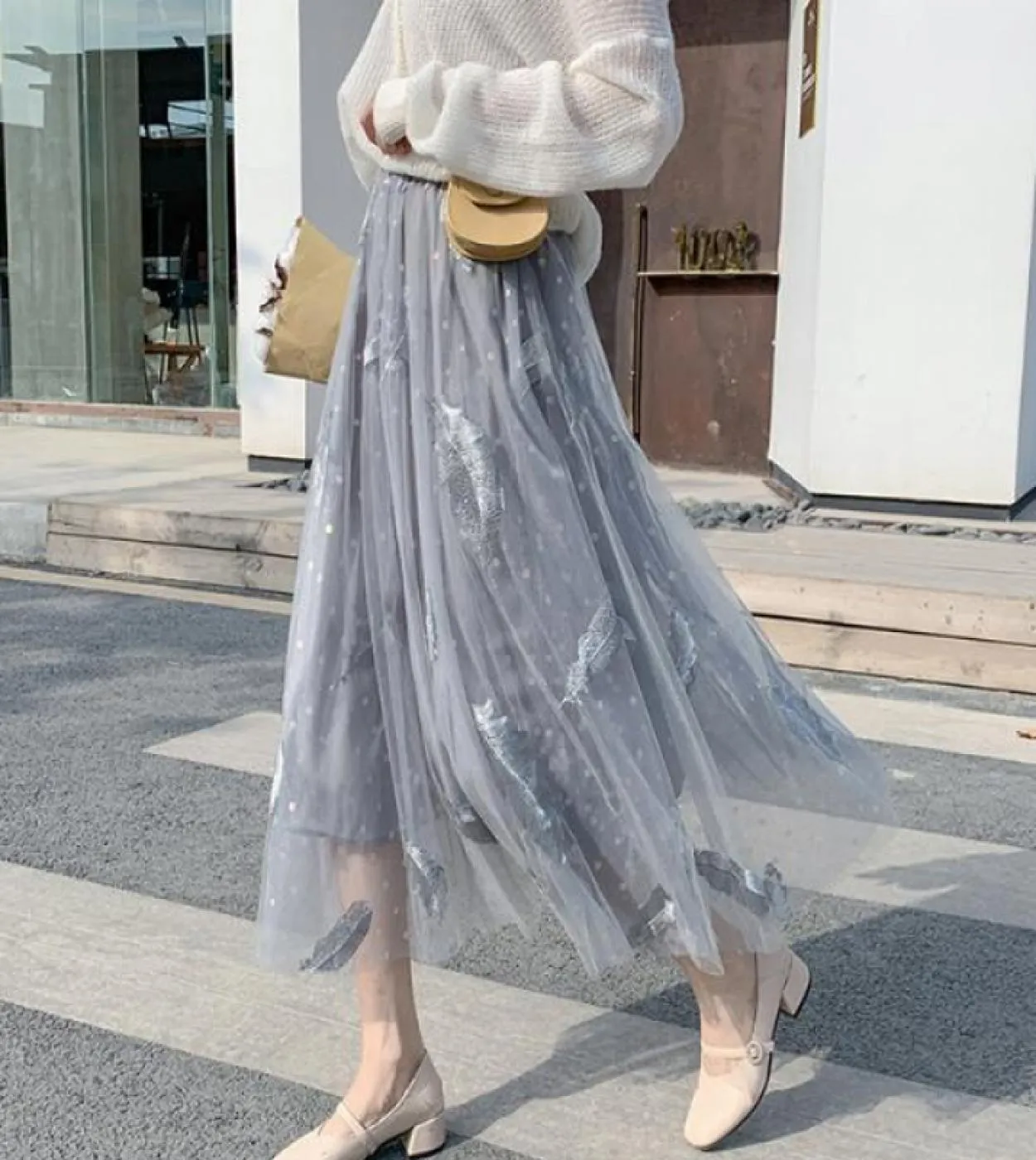 Moukyun Feather Luxury Woman Gonne Moda Elastico in vita Gonna longuette allentata Faldas Ladies Garza Ball Gown Gonne lunghe