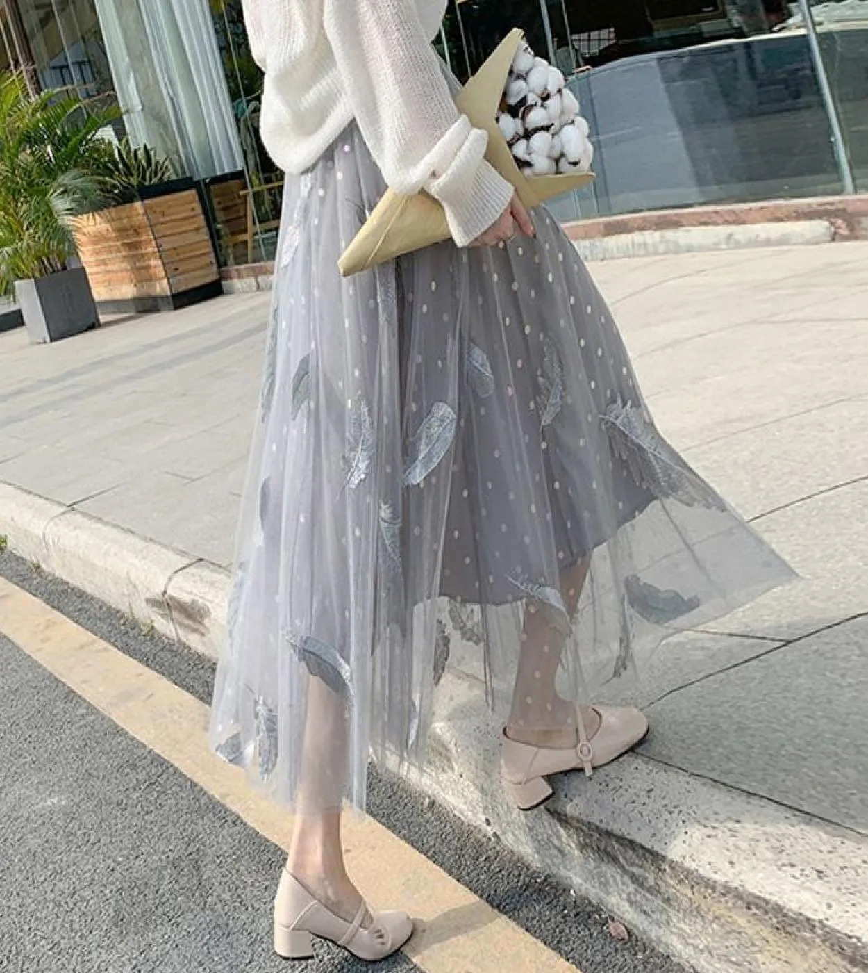 Moukyun Feather Luxury Woman Gonne Moda Elastico in vita Gonna longuette allentata Faldas Ladies Garza Ball Gown Gonne lunghe