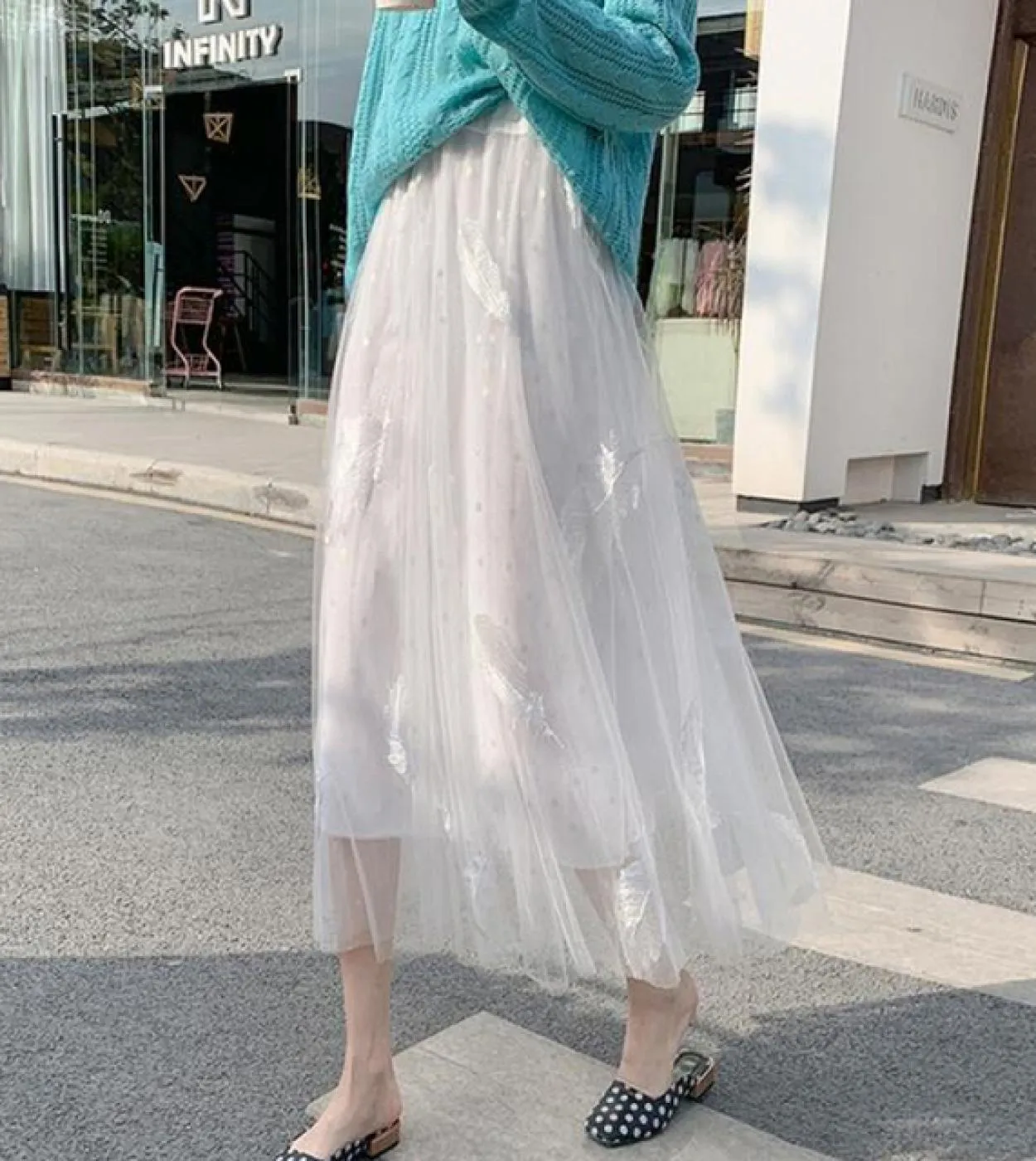 Moukyun Feather Luxury Woman Gonne Moda Elastico in vita Gonna longuette allentata Faldas Ladies Garza Ball Gown Gonne lunghe