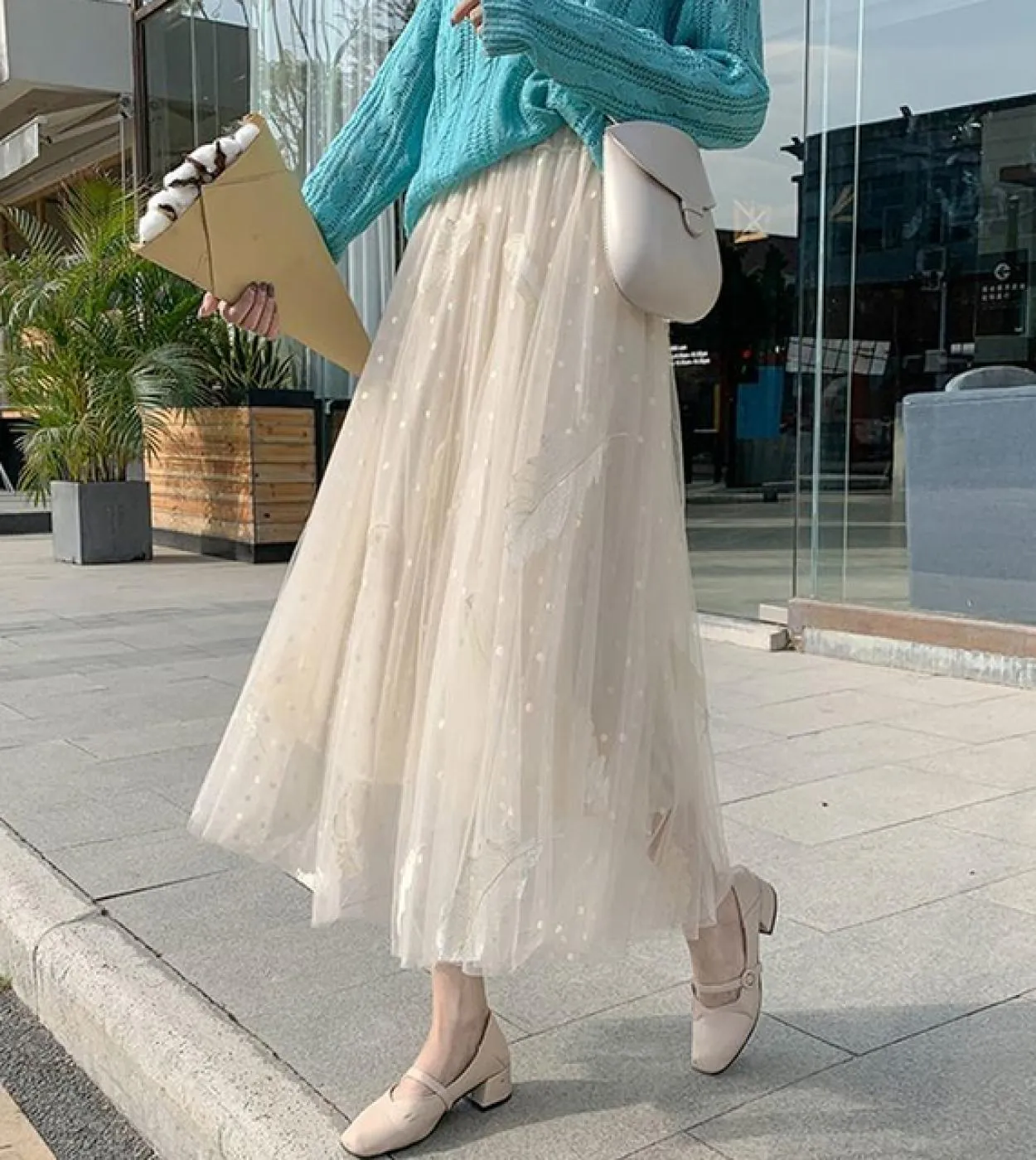 Moukyun Feather Luxury Woman Gonne Moda Elastico in vita Gonna longuette allentata Faldas Ladies Garza Ball Gown Gonne lunghe
