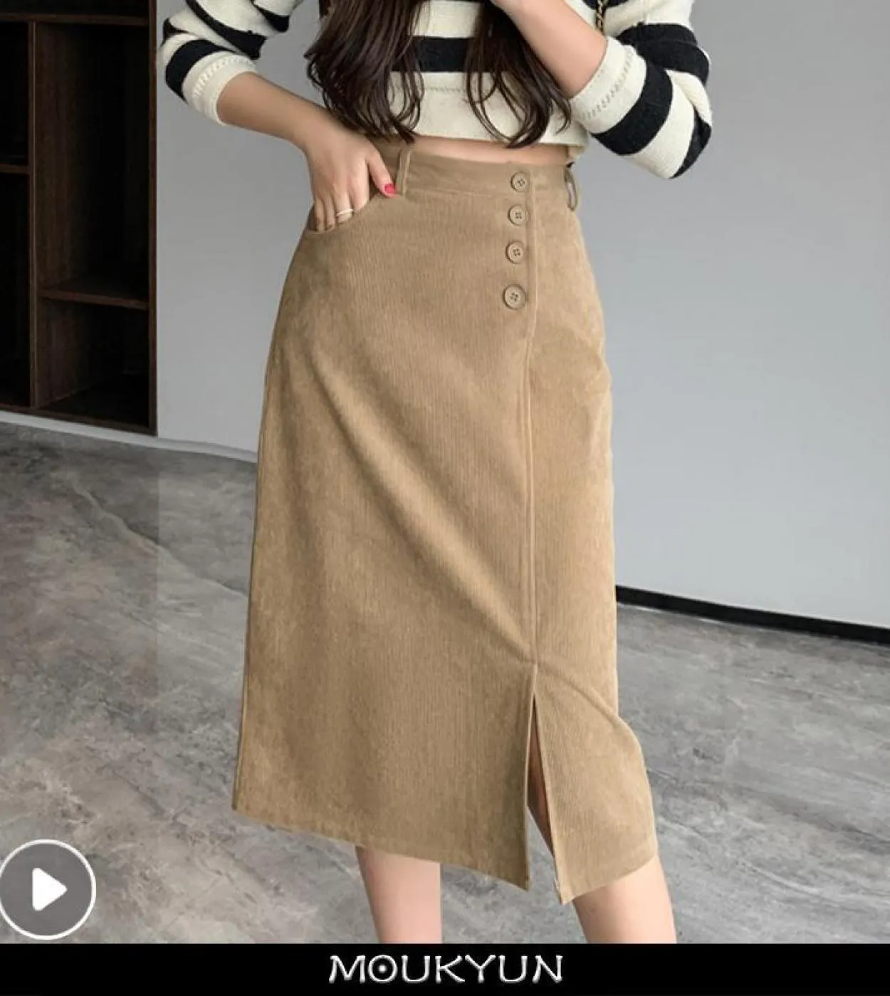 Moukyun Gonna longuette con spacco in velluto a coste Moda donna Gonne a vita alta Primavera Donna Ufficio Gonne a tubino sottil