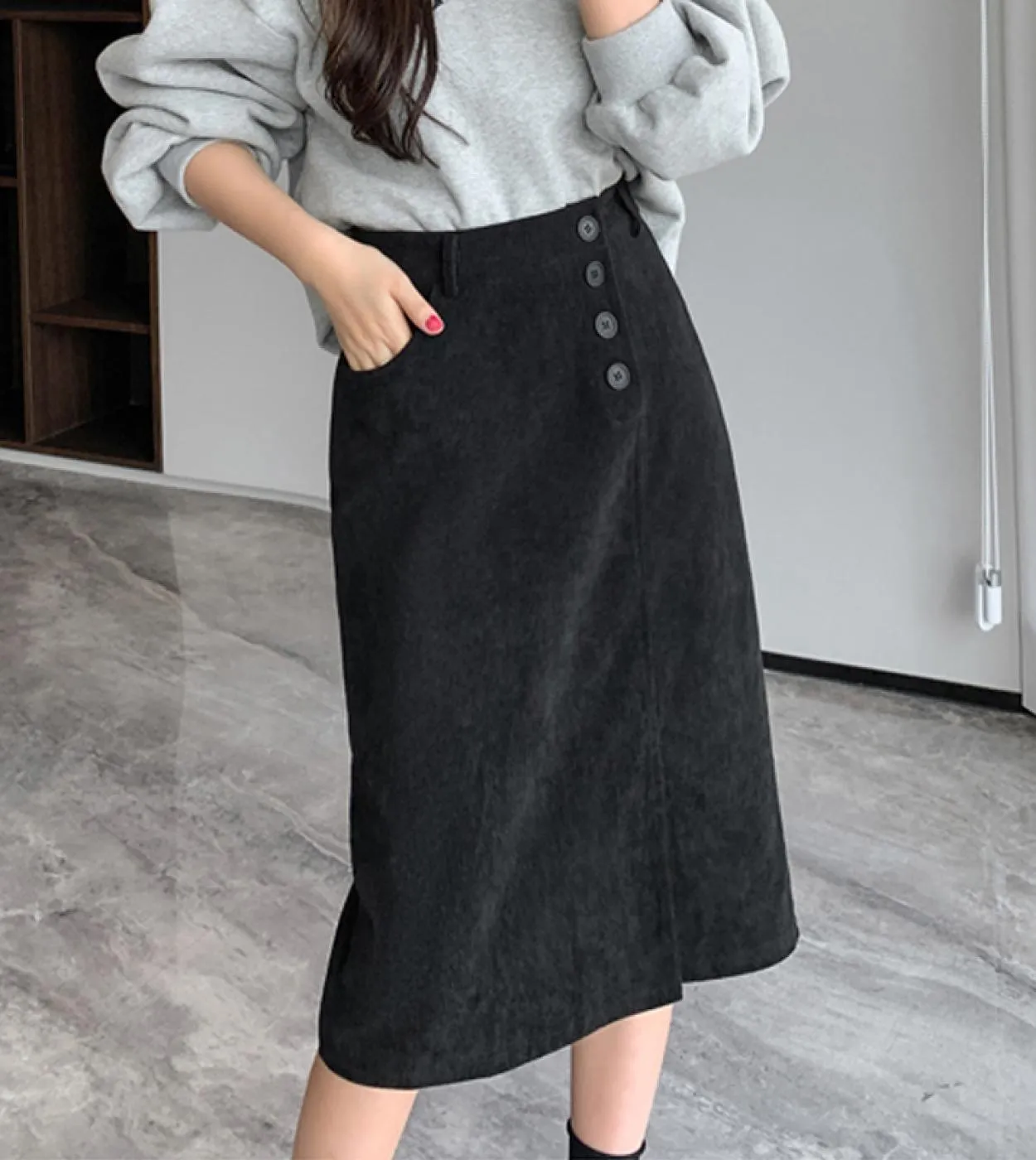 Moukyun Gonna longuette con spacco in velluto a coste Moda donna Gonne a vita alta Primavera Donna Ufficio Gonne a tubino sottil