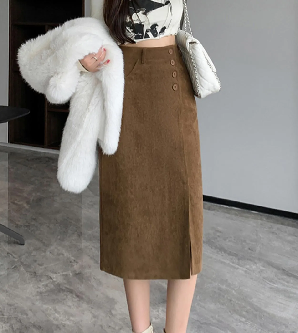 Moukyun Gonna longuette con spacco in velluto a coste Moda donna Gonne a vita alta Primavera Donna Ufficio Gonne a tubino sottil