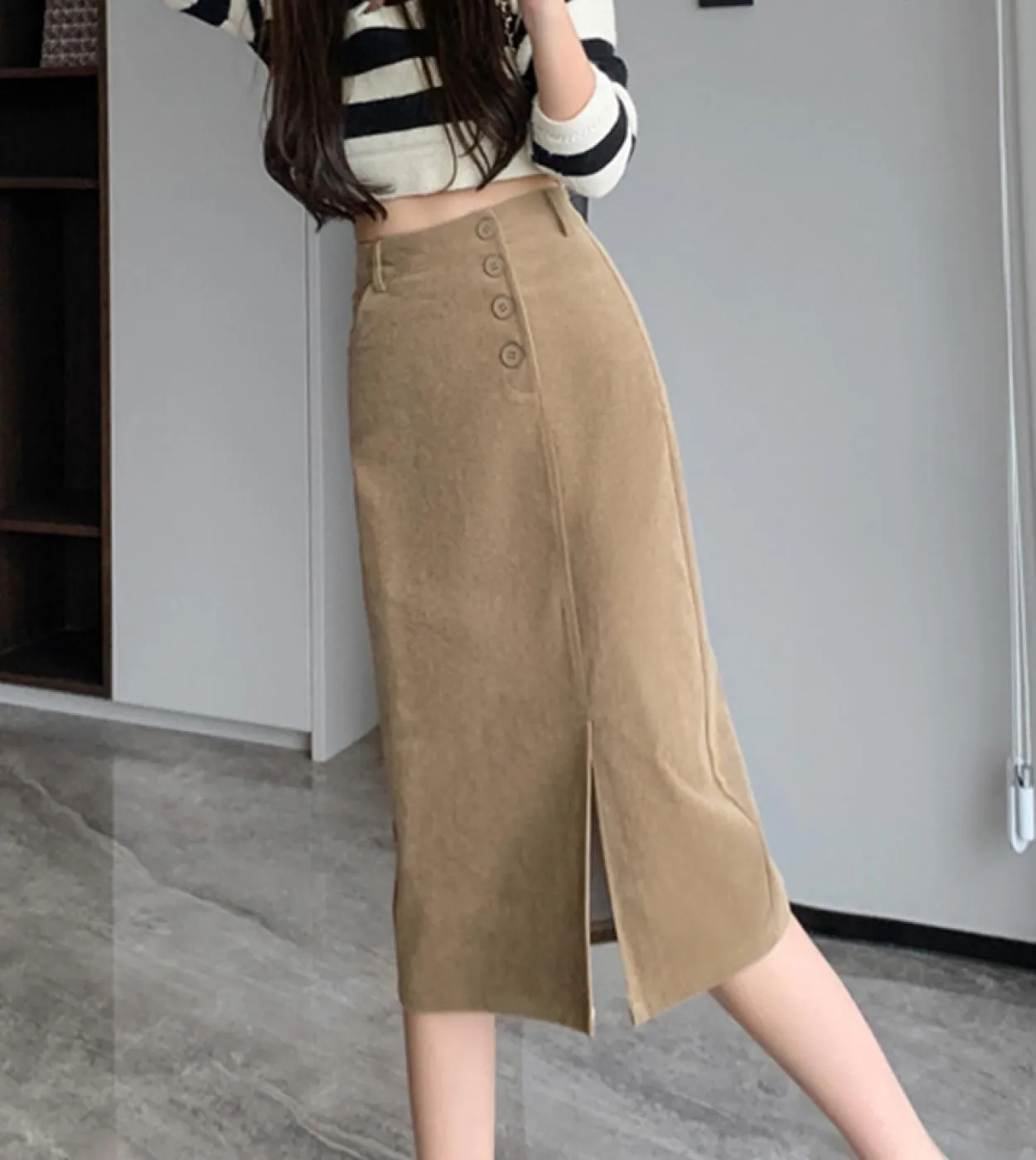 Moukyun Gonna longuette con spacco in velluto a coste Moda donna Gonne a vita alta Primavera Donna Ufficio Gonne a tubino sottil