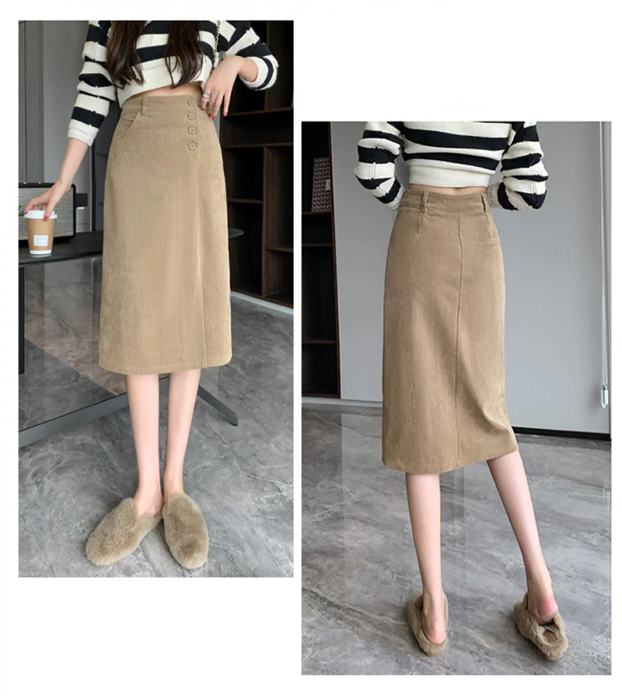 Moukyun Gonna longuette con spacco in velluto a coste Moda donna Gonne a vita alta Primavera Donna Ufficio Gonne a tubino sottil