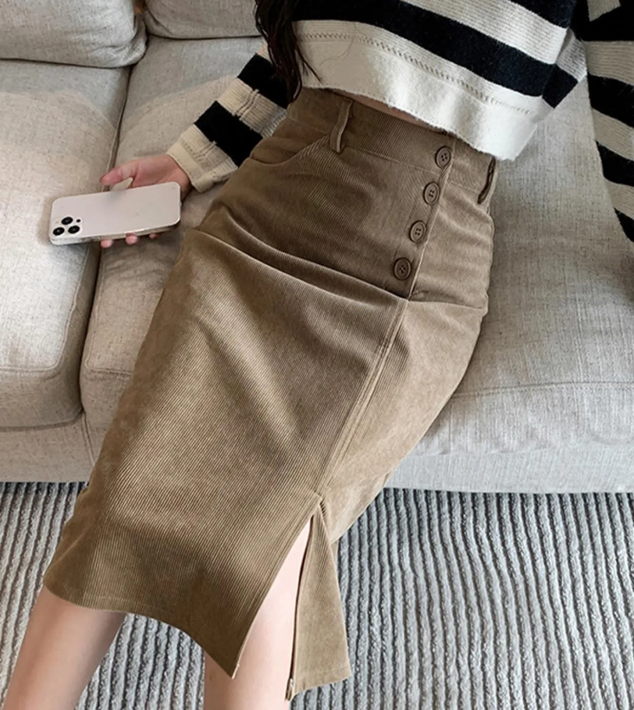 Moukyun Gonna longuette con spacco in velluto a coste Moda donna Gonne a vita alta Primavera Donna Ufficio Gonne a tubino sottil