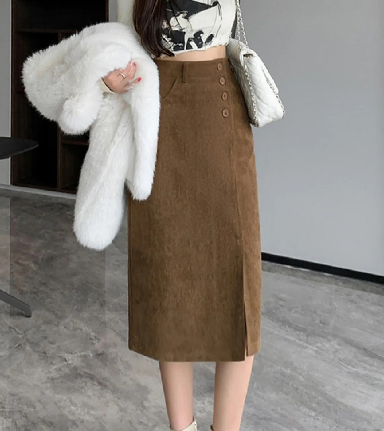 Moukyun Gonna longuette con spacco in velluto a coste Moda donna Gonne a vita alta Primavera Donna Ufficio Gonne a tubino sottil