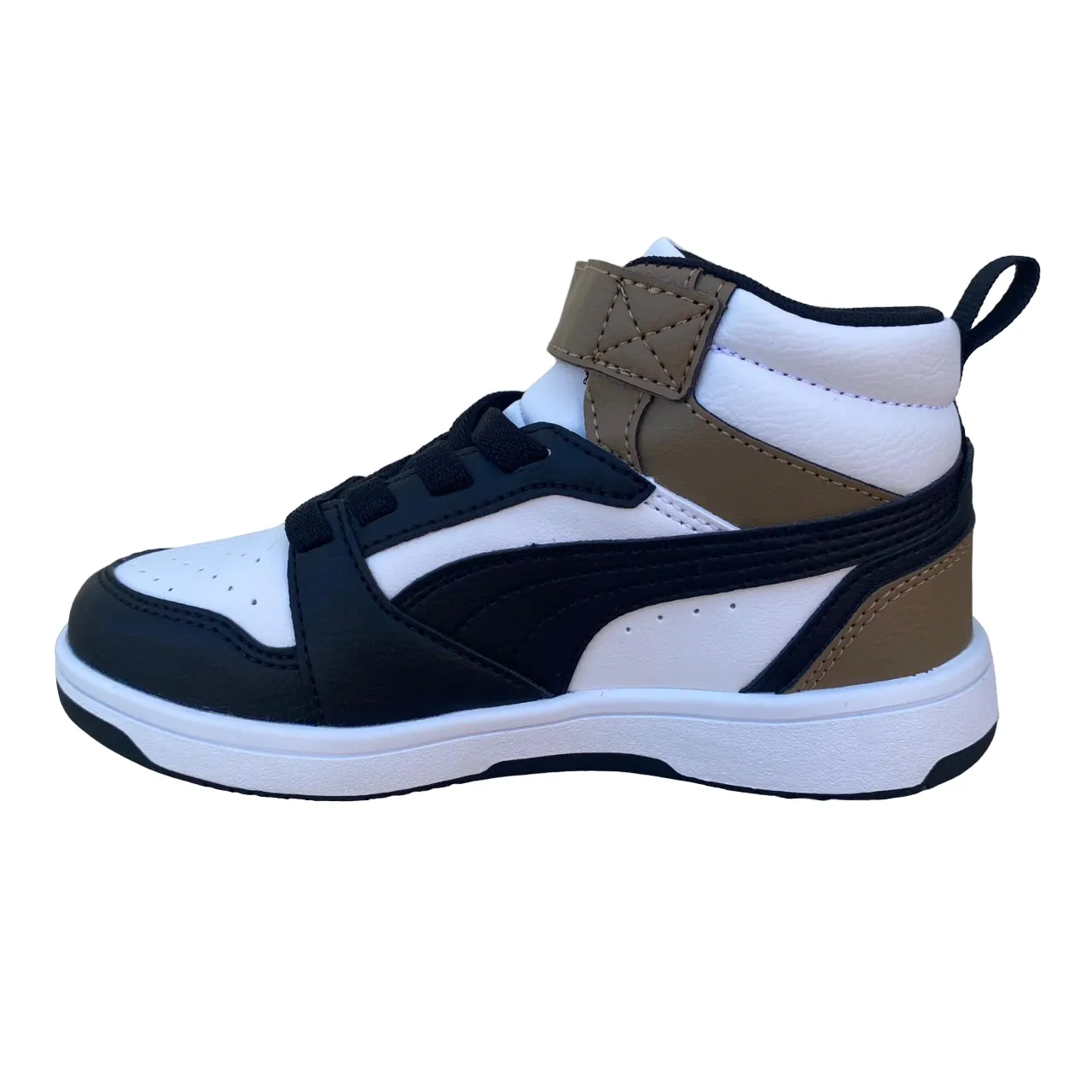 Puma boys' high shoe with lace and strap Rebound V6 AC+PS 393832-08 white-black-chocolate
