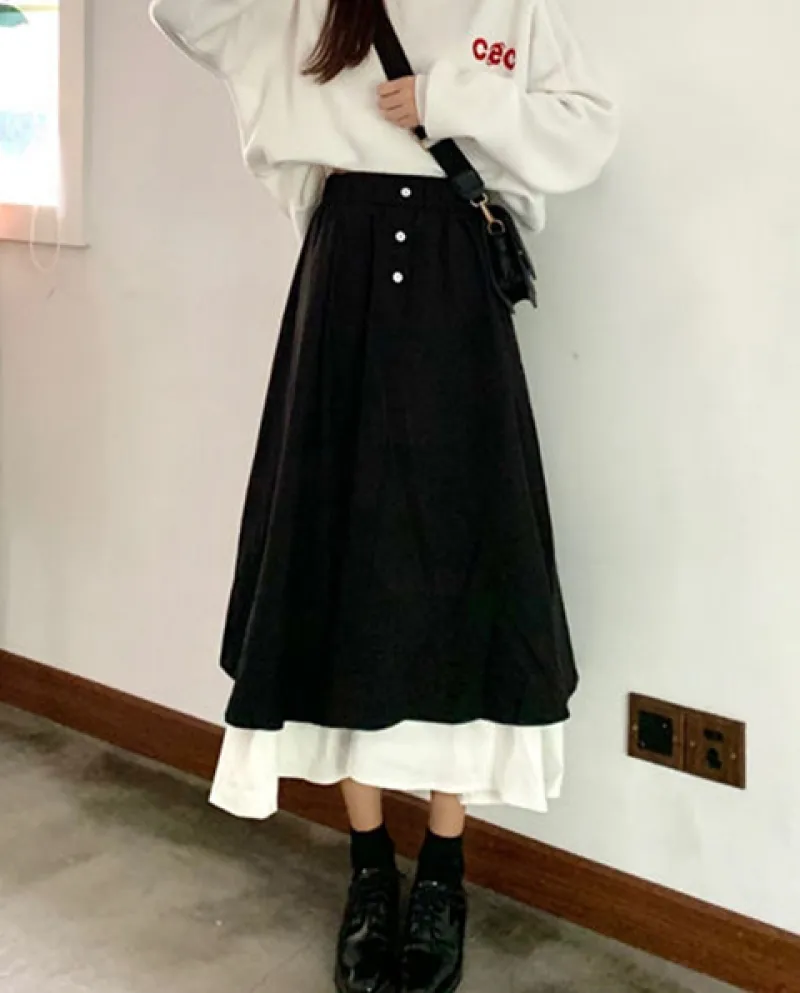 Zoki Gonne lunghe da donna a vita alta Moda A Line Patchwork Ruffles Gonne longuette femminili Gonna da donna con bottoni autunn